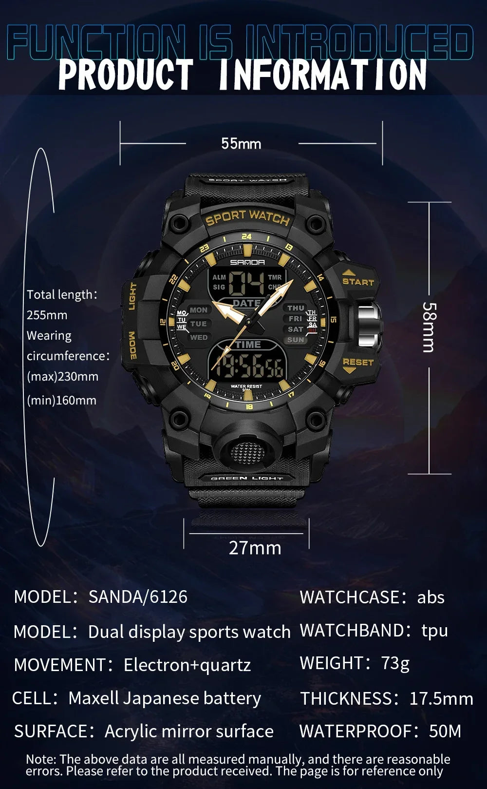 SANDA 6126 Military Man Alarm Stopwatch Quartz Wristwatch Male Digital Clock  Dual Display Men Watches Waterproof Sports Watch