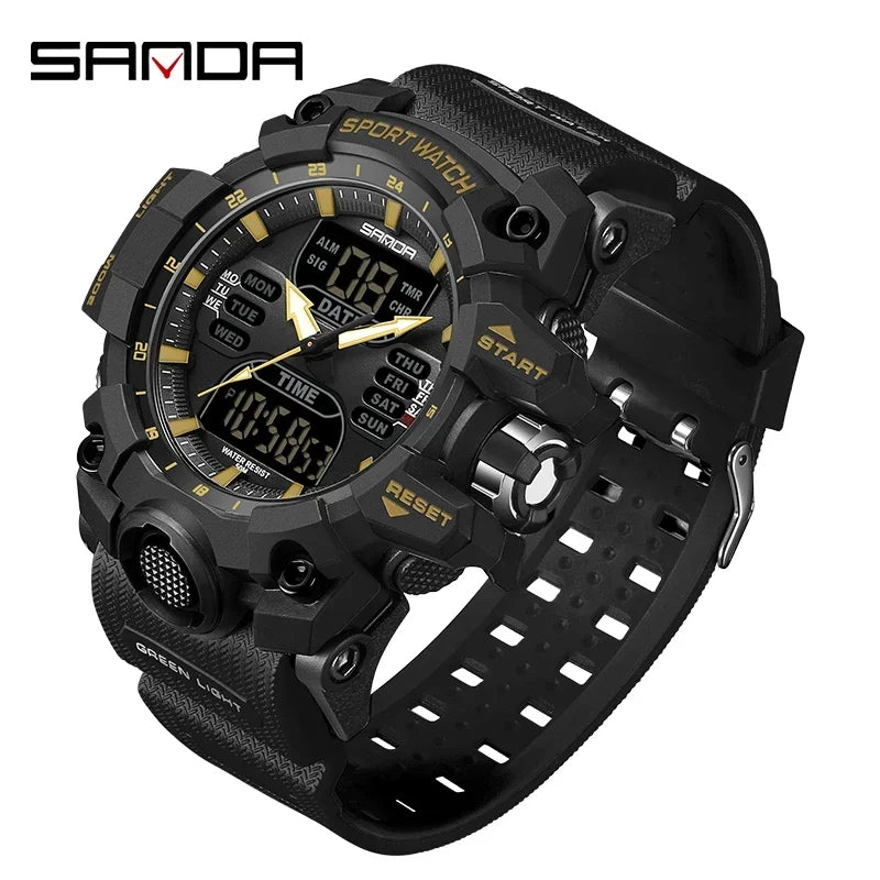SANDA 6126 Military Man Alarm Stopwatch Quartz Wristwatch Male Digital Clock  Dual Display Men Watches Waterproof Sports Watch