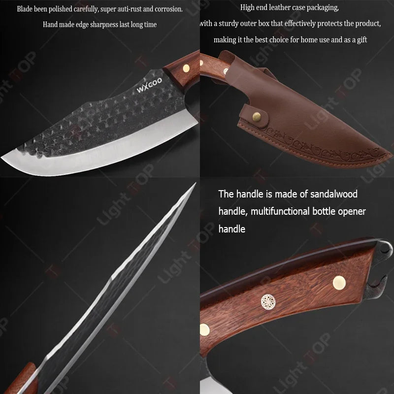 Kitchen Knife Supplies Forged Butcher Knife Fruit Slicing Bottle Opener Knife Multipurpose BBQ Cooking Chef Knife Wood Handle