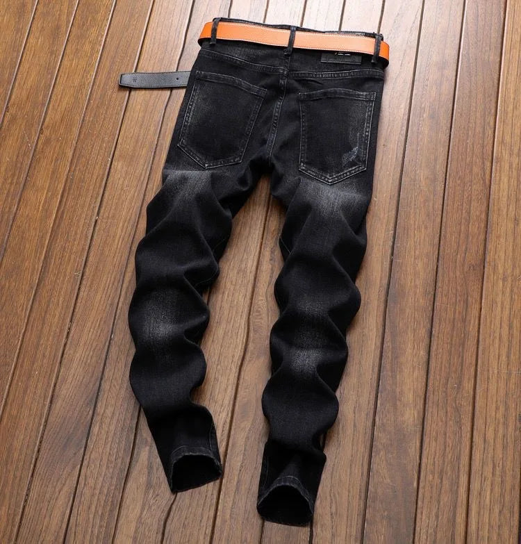 2024 Spring and Autumn New Fashion Trend Retro Ripped Small Foot Pants Men's Casual Slim Breathable Elastic High-Quality Jeans