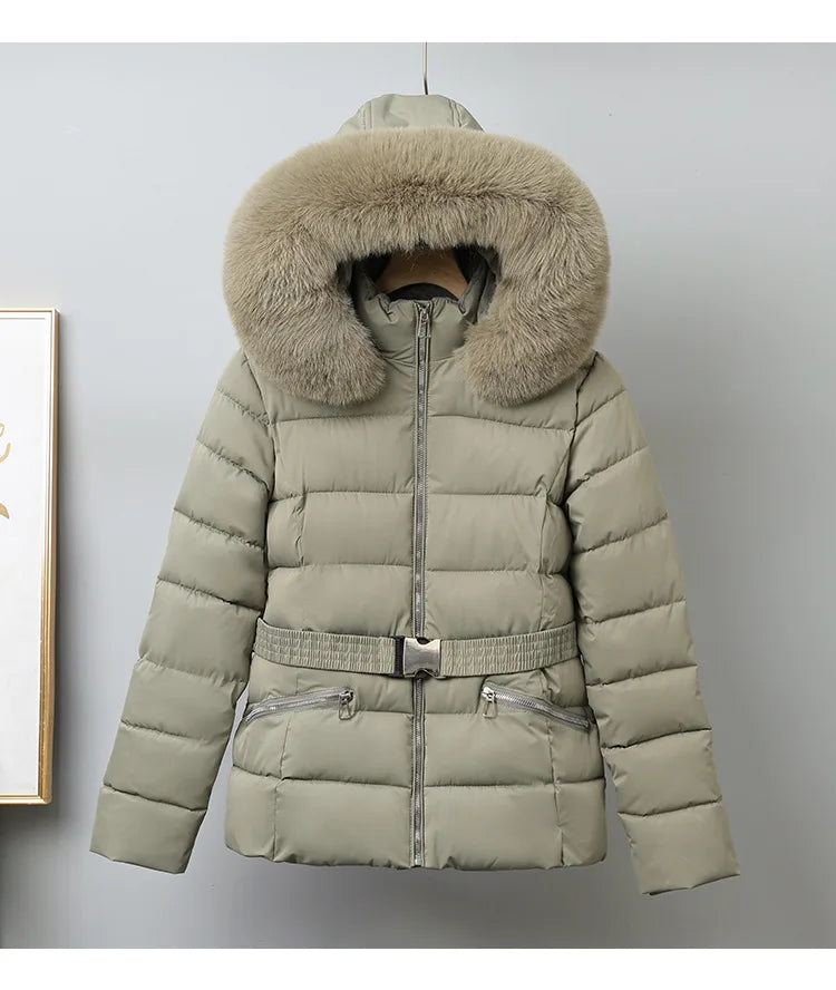 Winter Large Fur Coat Women With Belt Hooded Fur Collar Puffer Jacket Women New Warm Loose Parka Ladies Cotton Padded Overwear