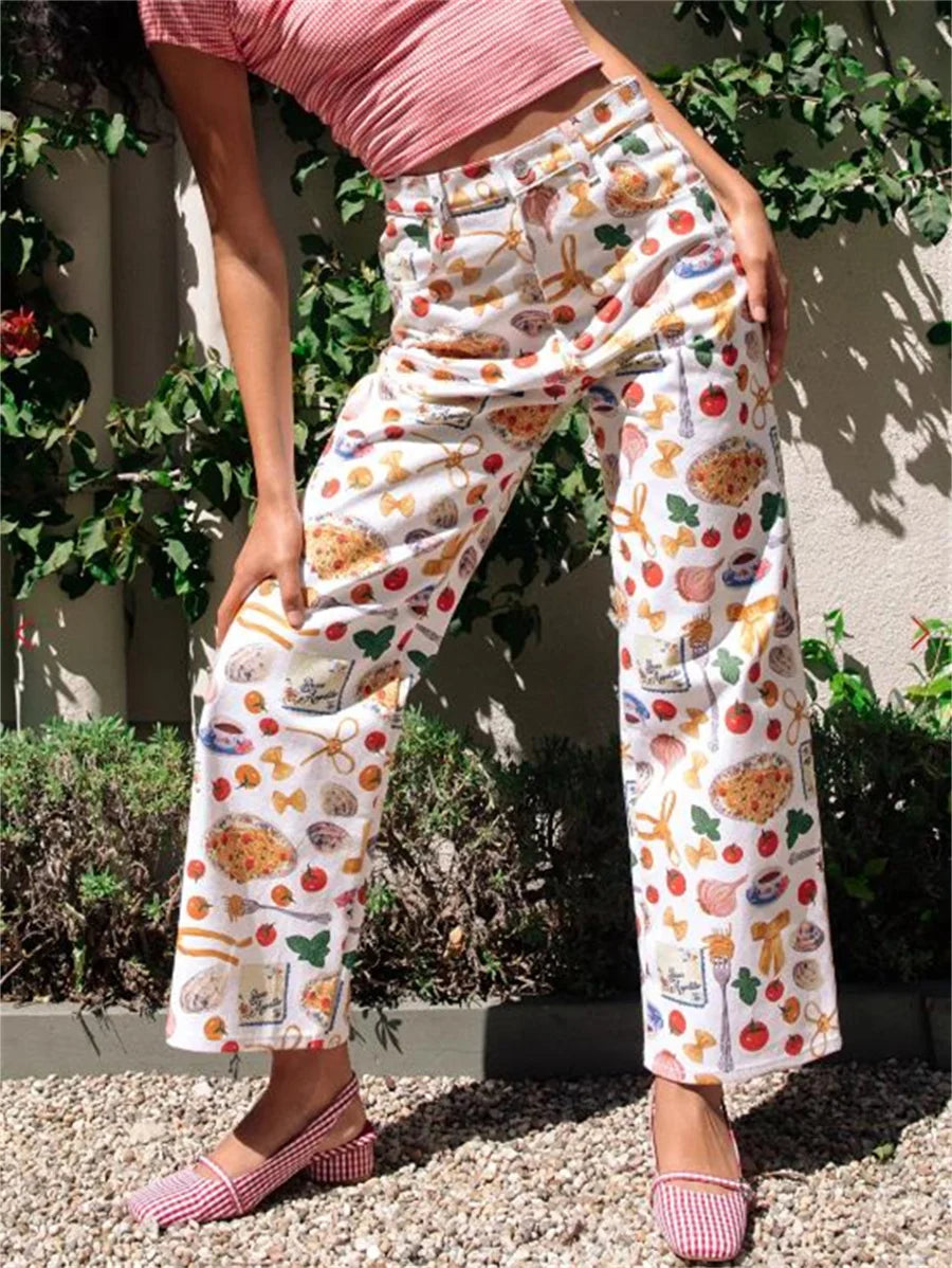 Women Y2k Fruit Print Jeans Pants Graphic Print High Neck Straight Leg Denim Pants Aesthetic Jeans Summer Streetwear