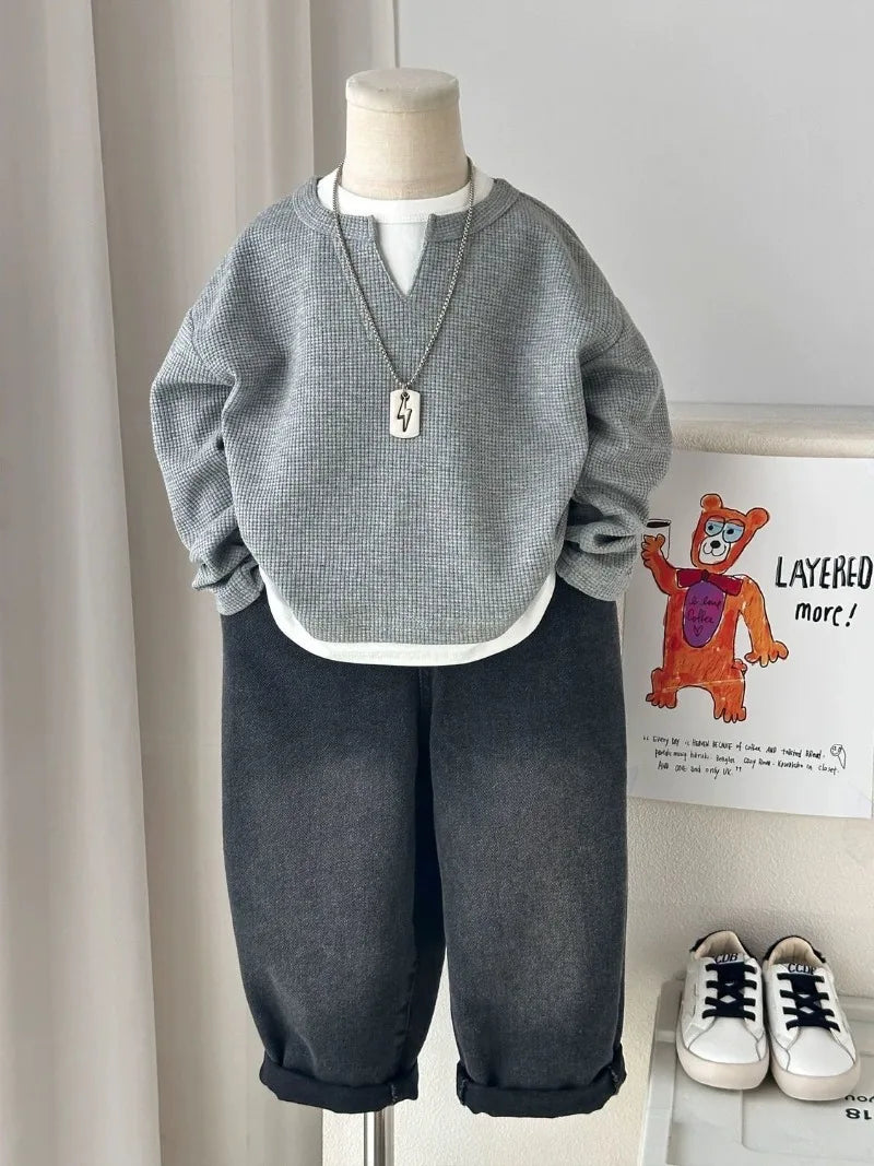 Babys Boys Waffle Grid Long Sleeved V-neck T-shirt Spring Autumn 2025 Pullover Cotton Hoodie Kids Handsome Fake Two Items Tops