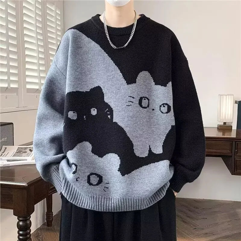 Winter Men's Anime Cat Jacquard Crewneck Knitted Sweaters Hip Hop Fashion Graphic Printed Y2K Jumpers Streetwear Knit Pullovers