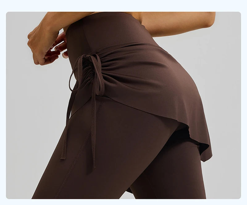 BIVIGAOS New Spring Drawstring Pleated Yoga Leggings Skirt Pants Fake Two Piece Women High Waist Elastic Sports Fitness Leggings