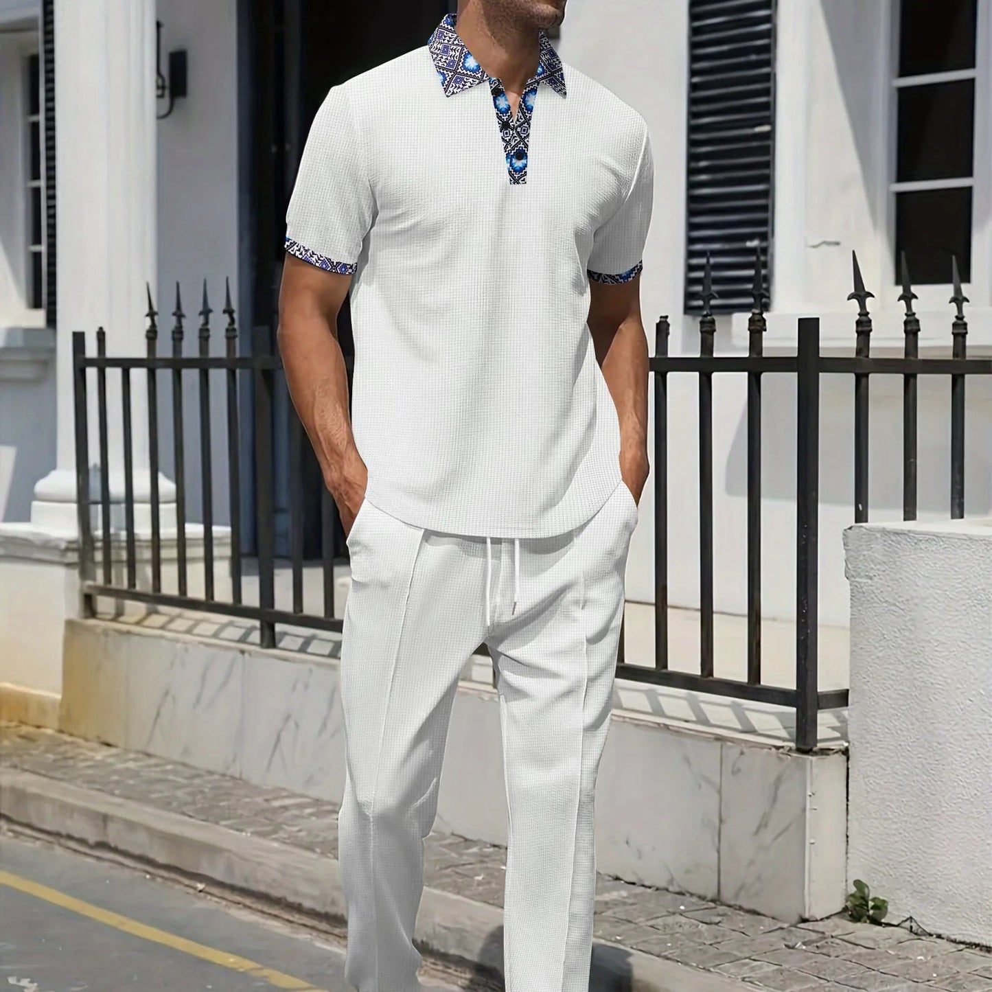 New 2025 Summer Waffle Men's top Casual short-sleeved polo Waffle collar Solid color everything pair with two pantsuits