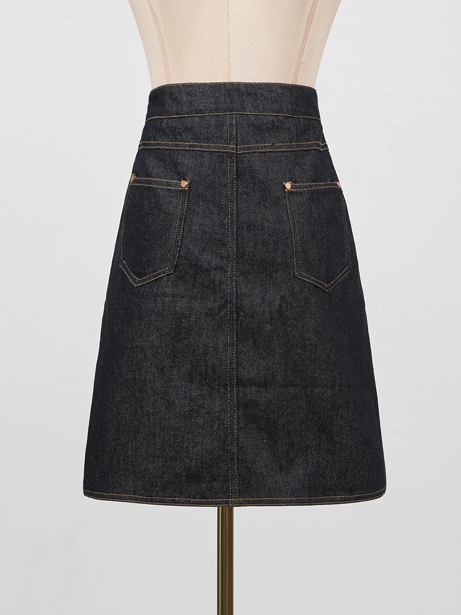 VGH Designer Solid Slimming Denim Skirts For Women High Waist Patchwork Button Spring Temperament Skirt Female Fashion Style New
