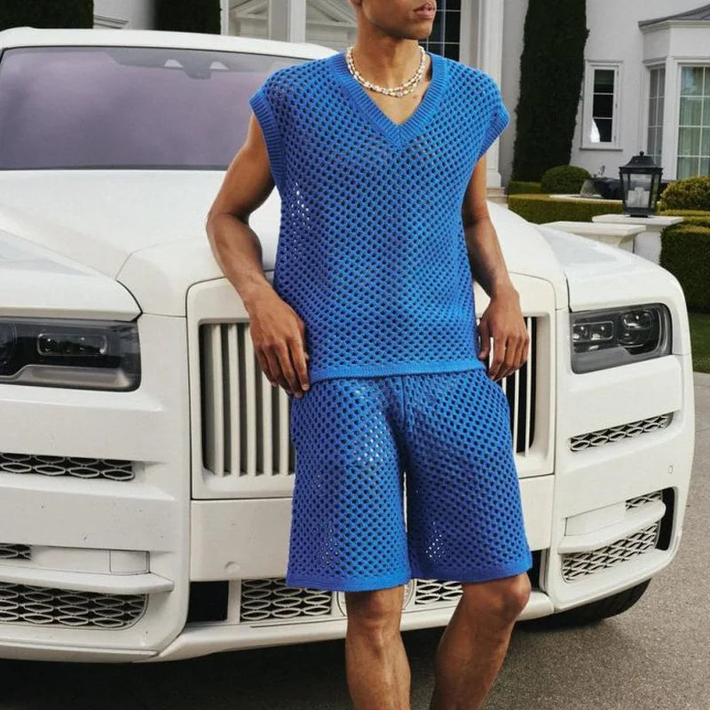 New Men's Summer Casual Knit V Neck Two-piece Sets Fashion Solid Loose Tank Tops and Shorts Sport Suit Men Hollow Out Streetwear