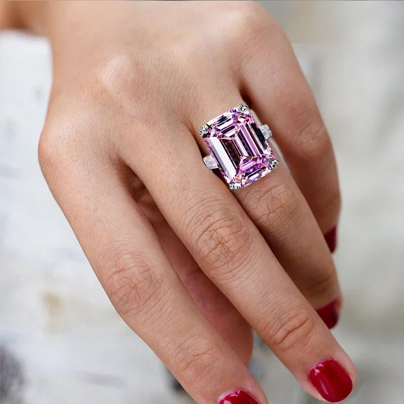 New Simple Shiny Big Rectangle Zircon Women Rings White/Pink Stones Available Bridal Wedding  Top Quality Noble Lady