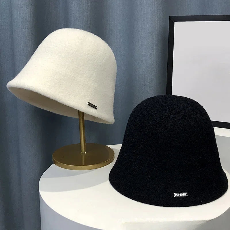 Retro Wool Bucket Hat for Women Autumn Winter Warm Fisherman Hat Outdoor Rock Climbing Warm Woolen Basin Hat