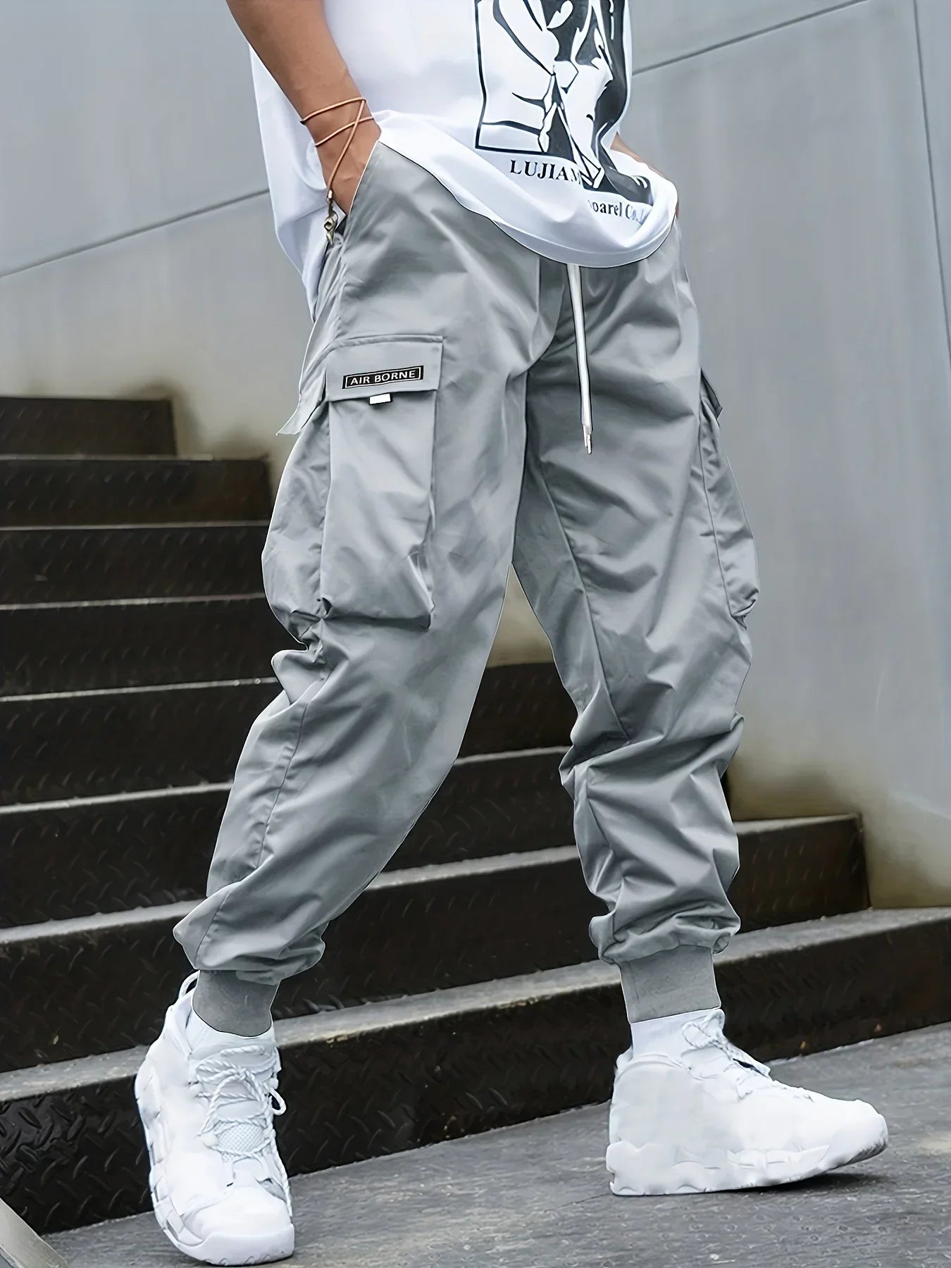 Plus Size Solid Color Spring Summer Men Casual Drawstring Cargo Pants Pockets Black Loose Out Door Elasticity Oversize Pants