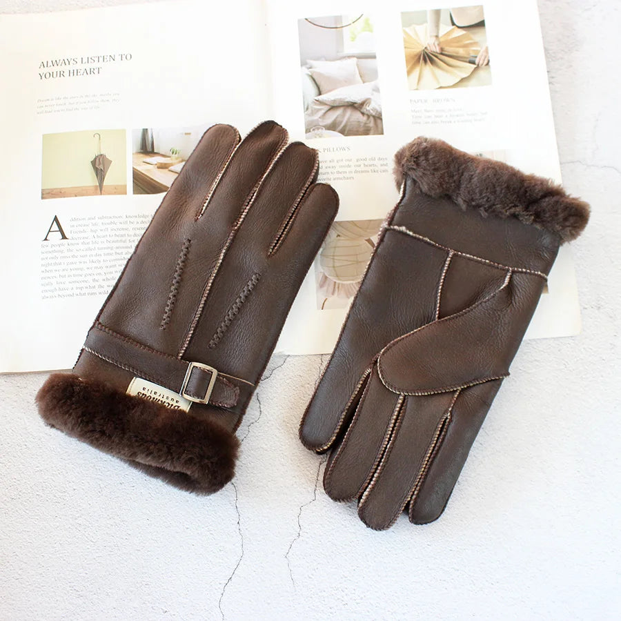 Sheepskin Fur Gloves Men's Thick Winter Warm Large Size Outdoor Windproof Cold Hand Stitching Sewn Leather Finger Gloves