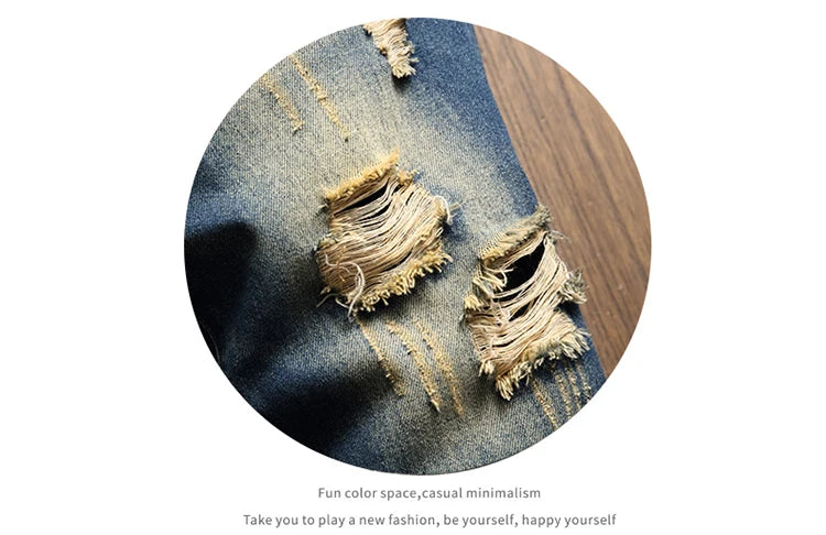 2025 Summer Ripped Denim Shorts Men's Loose Splicing Knee-length Casual Short Jeans Personality Streetwear Hip Hop Male Clothes