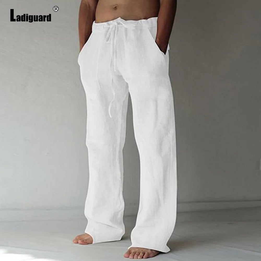Plus Size 5xl Mens Loose Pants 2025 Summer Casual Linen Pants Male Fashion Print Trouser Men Patchwork Drawstring Leisure Pant