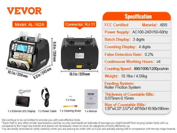 VEVOR 1200 Pcs/Min Money Counter Business Cash Register Bills Counterfeit Bill Detector by UV/MG/IR/DD Function for Bank Store