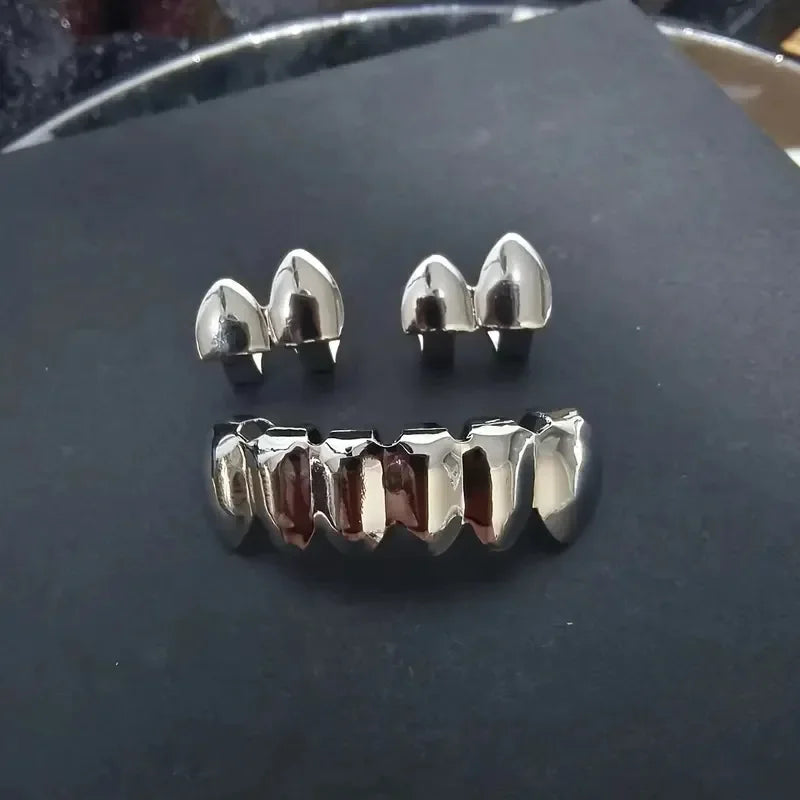 3CPS/Set Gold Silver-Plated Hip Hop Teeth for Mouth Grillz Caps Top&Bottom Grill Set Vampire Teeth for Halloween Party Sets
