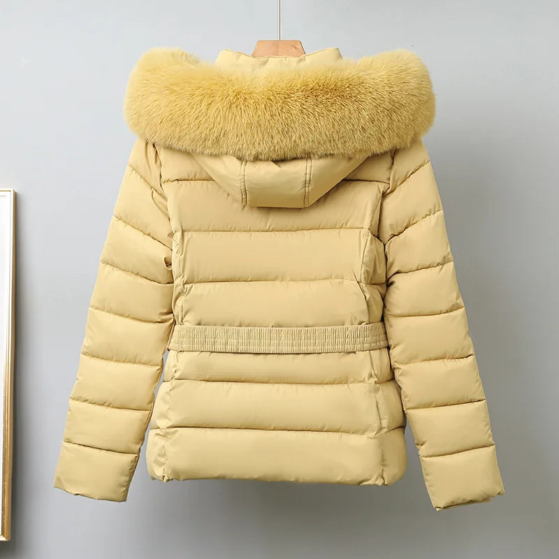 Winter Large Fur Coat Women With Belt Hooded Fur Collar Puffer Jacket Women New Warm Loose Parka Ladies Cotton Padded Overwear
