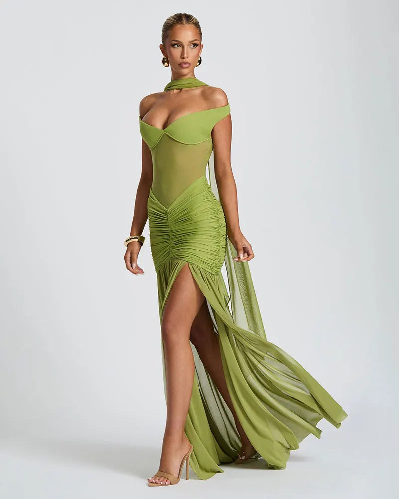 GACVGA Mesh Patchwork Sexy Bodycon Maxi Dress Women Draped Gown Summer Halter Backless Ruched High Split Club Party Long Dress