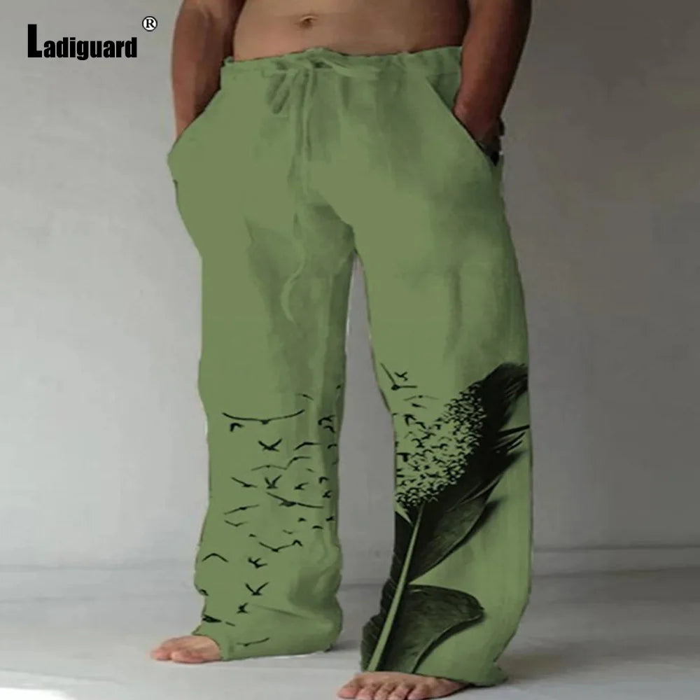 Plus Size 5xl Mens Loose Pants 2025 Summer Casual Linen Pants Male Fashion Print Trouser Men Patchwork Drawstring Leisure Pant