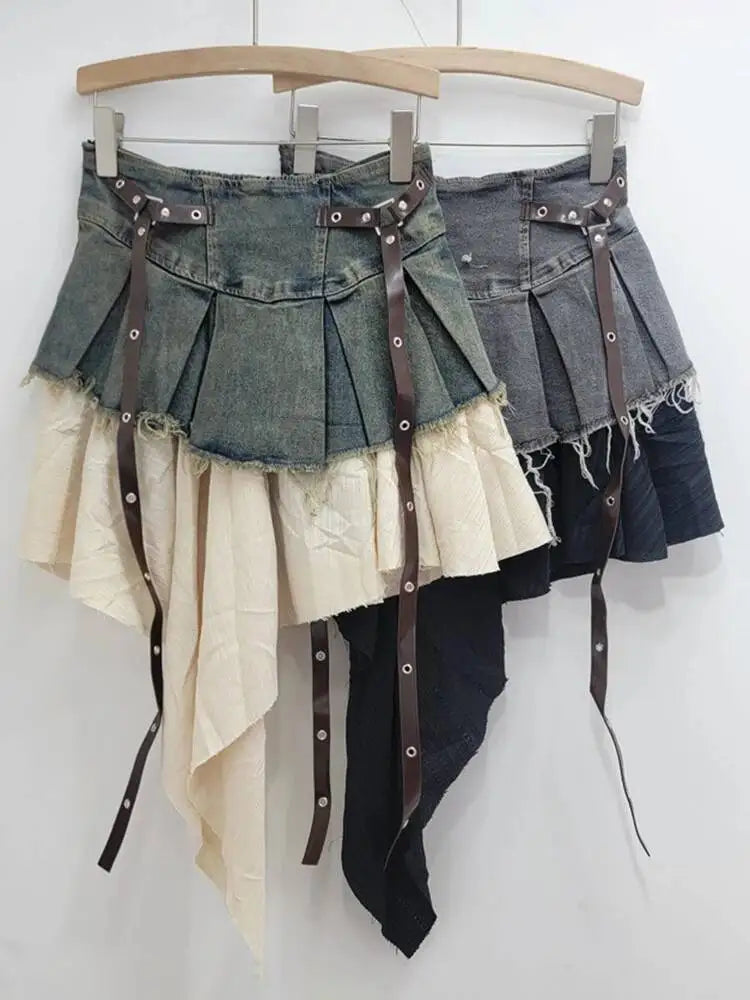 EAM Color-block Irregular Spliced High Elastic Waist A-line Mini Denim Skirt Women Fashion Tide New Spring Autumn 2026 30A3307