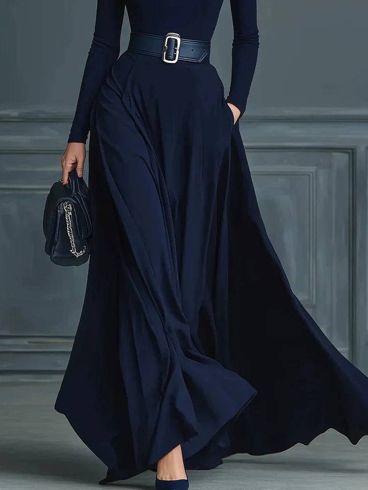 Spring Autumn Women Solid Color Turtleneck Maxi Dress, Holiday Long Sleeve Casual Party Dress, New Patchwork Simple Ladies Dress