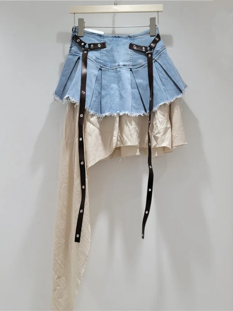 EAM Color-block Irregular Spliced High Elastic Waist A-line Mini Denim Skirt Women Fashion Tide New Spring Autumn 2026 30A3307