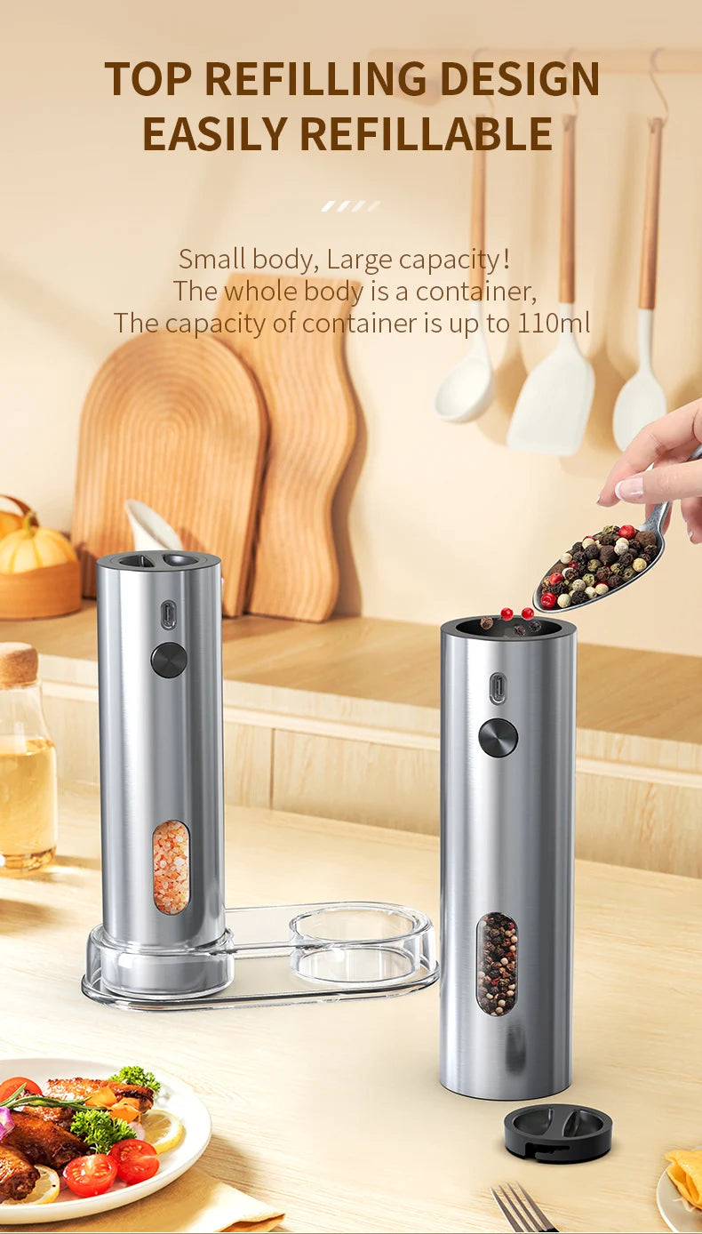 Rechargeable Electric Salt and Pepper Grinder Set Stainless Steel Pepper Mills Adjustable Coarseness Power Grinder Kitchen Tools
