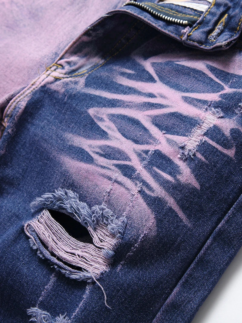Purple Ripped Men's Jeans Spring Summer Slim Fit Straight Hole Cotton Denim Pants Distressed Destroyed Streetwear 28-40