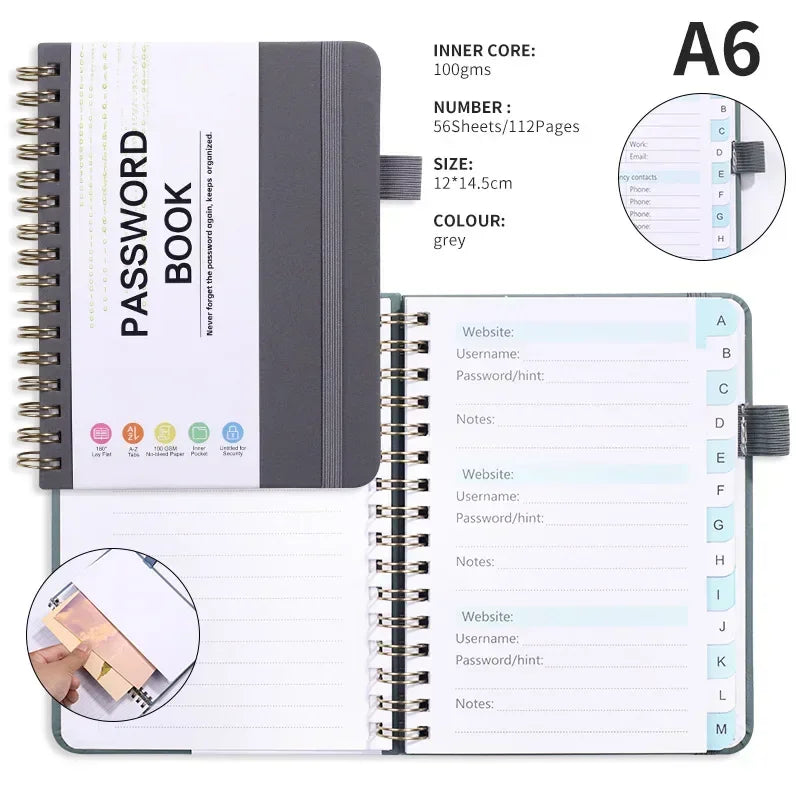 A6 Password Book Strap Spiral Notebook Website Username Password Record Notebook 56 Sheets Password Keeper Book Paper Stationery