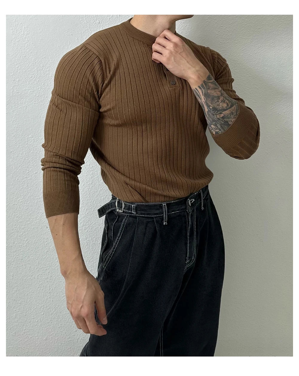 Autumn Clothing Men's Light Luxury Knit Korean Popular Henry Collar T-shirt Button-down Long Sleeve Retro Leisure Knitwear