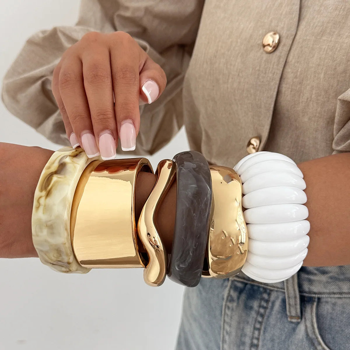 PuRui 6Style Exaggerated Irregular Chunky Acrylic Resin Wide Bracelet Trend Creative Stackable Spring Bangle Grunge Rock Jewelry