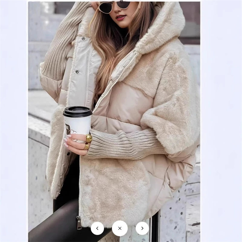 Women‘s Hooded Patchwork Warm Coat Autumn Padded Jacket Oversize Outerwear In Winter