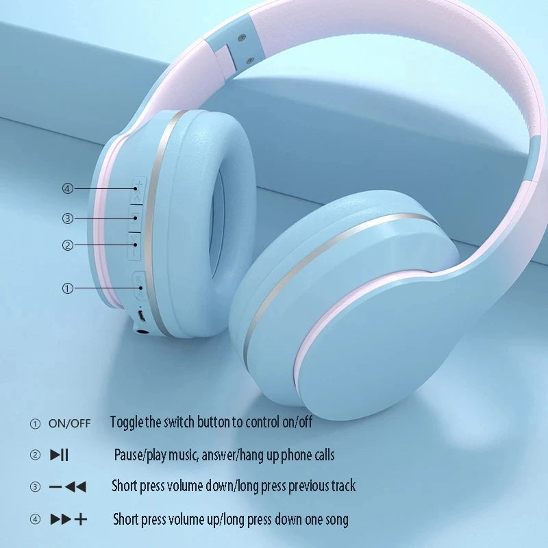Gradient Bluetooth Headset Cute Wireless Music Headphone with Mic Gamer Earphone Kids Lovely Christmas Gifts for Girl PC Gaming