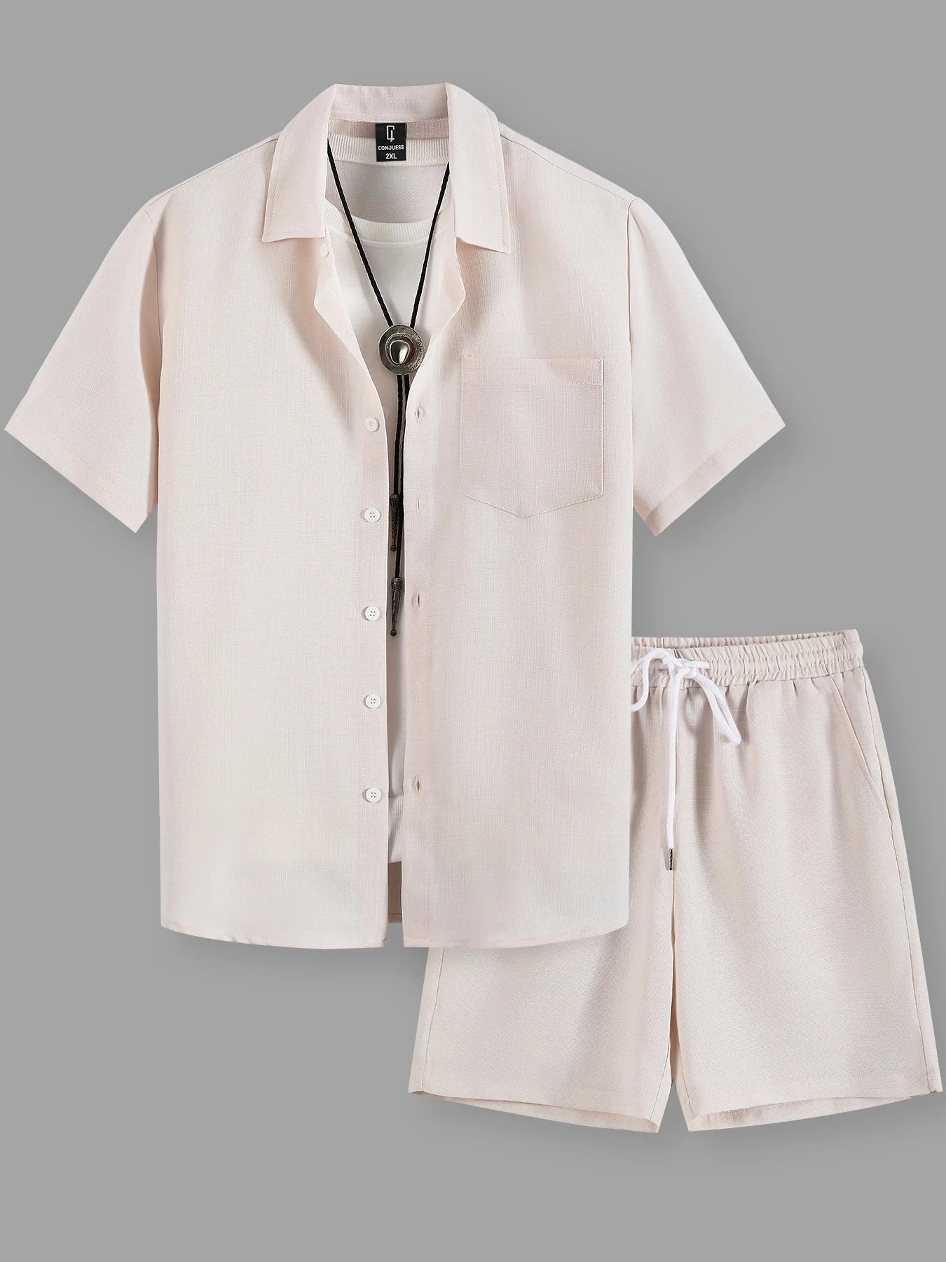 Plus Size Men's Minimal Textured Set, Single Pocket Linen Shirt & Matching Shorts for Casual Commute