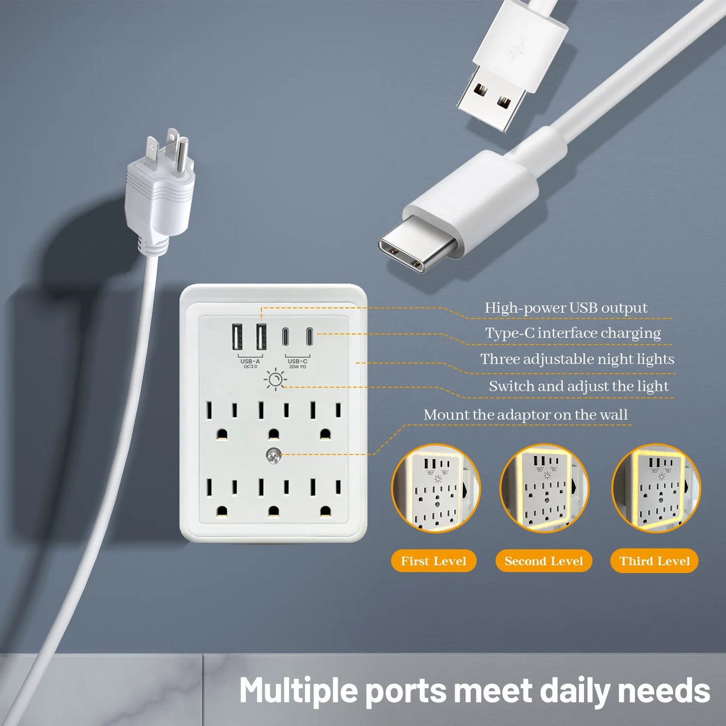 Multi Plug Outlet Expander, USB Wall Charger, Outlet Splitter Adapter Wall Mount for Home Travel Office