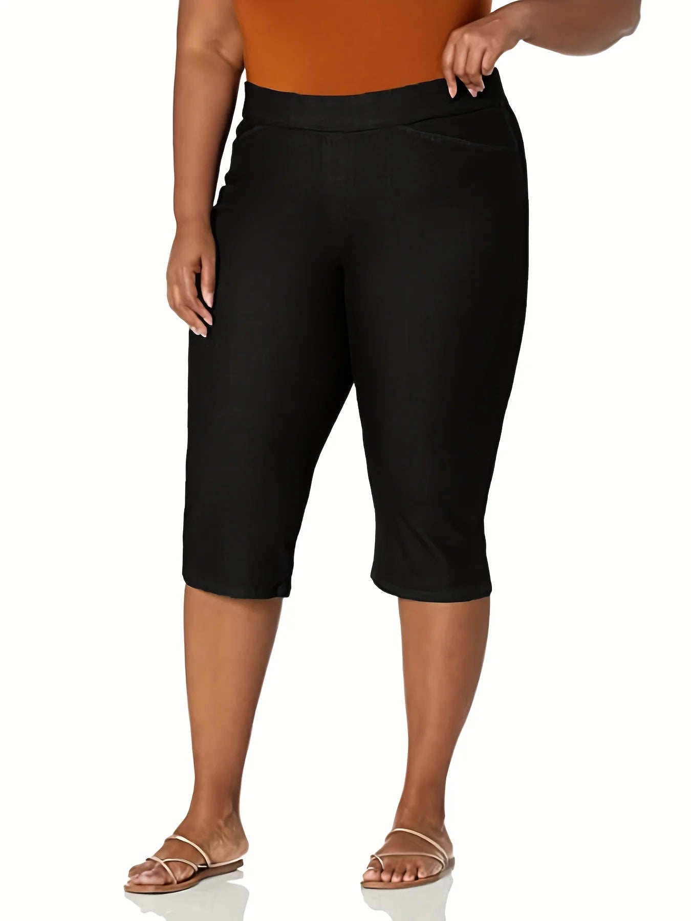 New plus-size women's knitted fabric high-grade pocket design solid color tight casual seven-cent pants in the summer of 2024