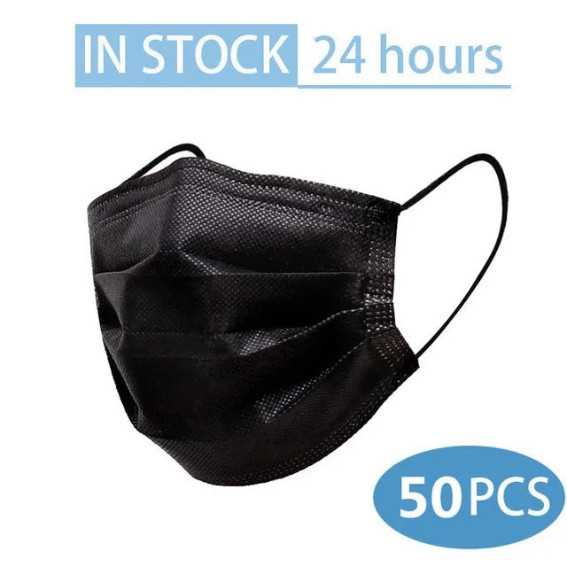 In Stock 10/50PCS Mask Disposable Face Mask Black Nonwove 3 Layers Mouth Mask Filter Anti Dust Breathable Protective Adult Masks