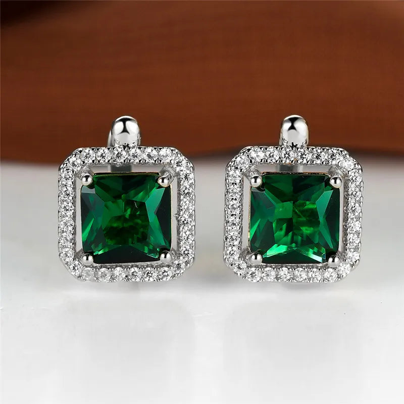 Female Luxury Green Square Zircon Stone Clip Earrings Charm Silver Color Wedding Jewelry For Women