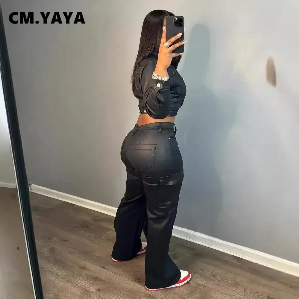 CM.YAYA Faux Leather Women's Set Single Breasted Jacket and Flare Pants Suit 2024 Fall Winter Two 2 Piece Sets Outfits Tracksuit