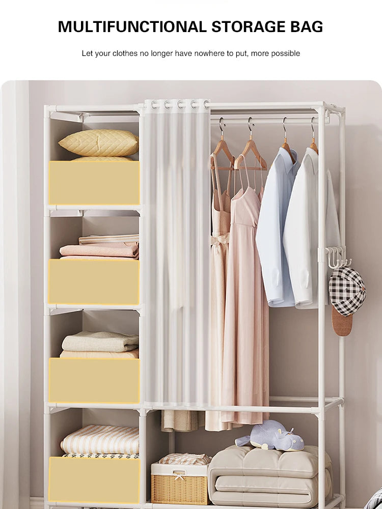 Wardrobe Folding Portable Clothing Storage Cabinet Non-Woven Dustproof Simple Steel Assembly Closet Multipurpose Furniture