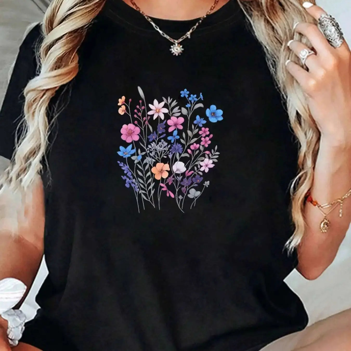 【009232】Plus size women's round neck short sleeve T-shirt with elastic half sleeves and trendy prints