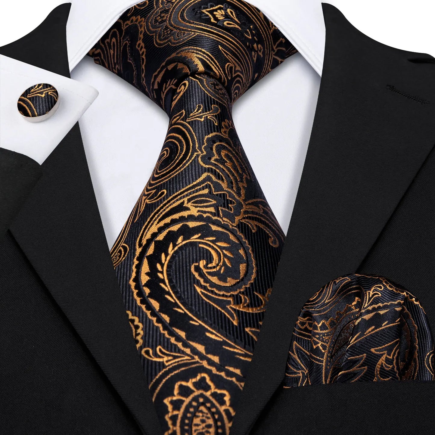 Barry.Wang Orange Brown Silk Mens Tie Hanky Cufflinks Set Gold Coffee Jacquard Designer Necktie For Male Wedding Business Party