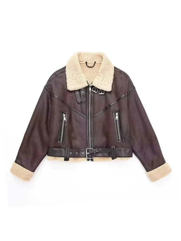 Winter Women's Belted Short Jacket Windbreaker Coat Fashion Retro Warm Thickened Long Sleeve Zipper Mujer Roupa Street
