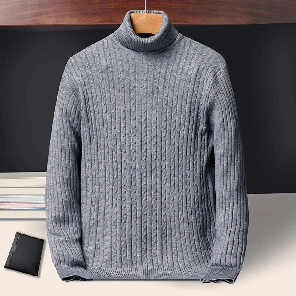 New Men's Turtleneck Sweaters Autumn Knitted Striped Streetwear Warm Long Sleeved Pullover Solid Color Basic Style Casual Tops