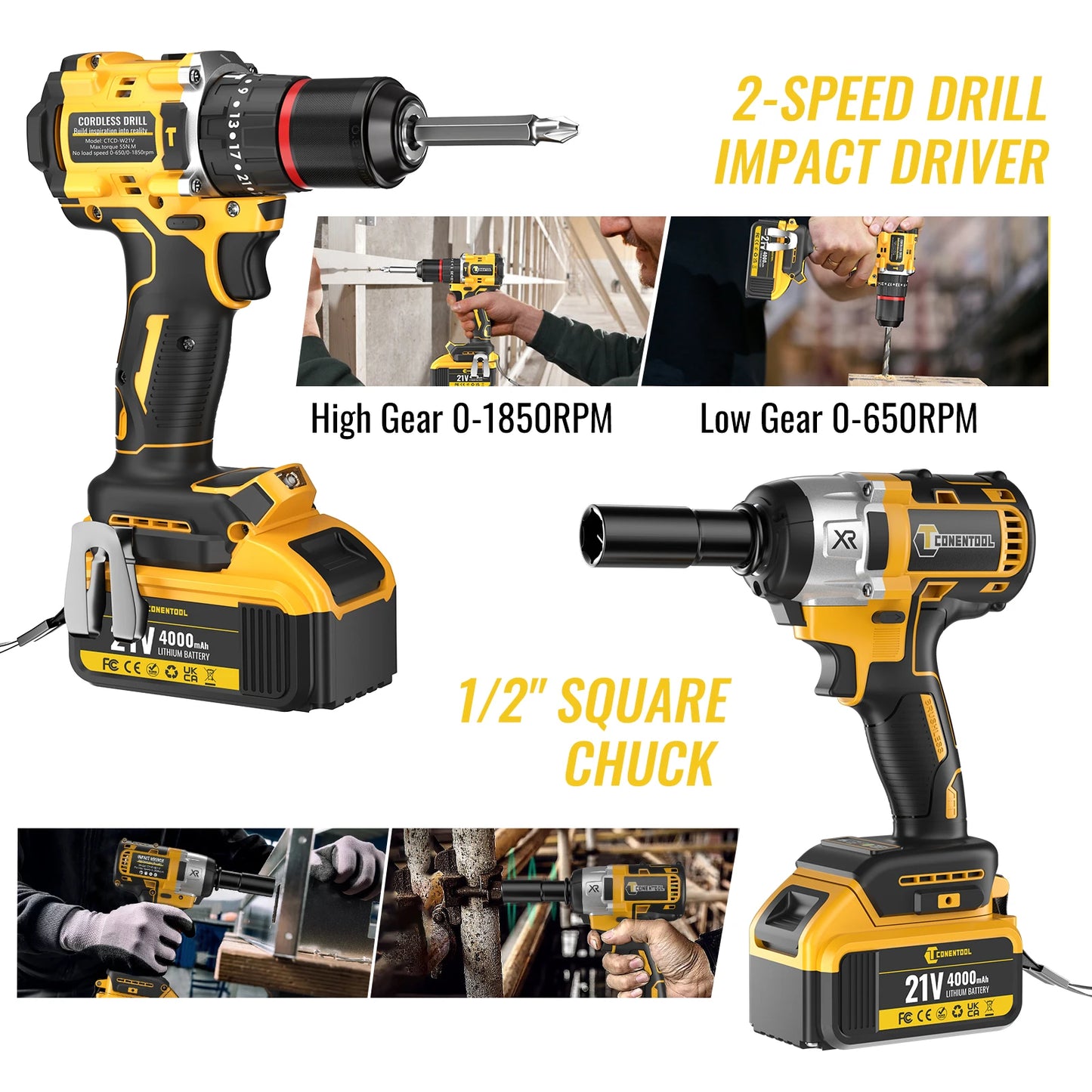 CONENTOOL 420N.m Brushless Electric Impact Wrench Screwdriver Power Tool Combination Drill Driver Set with LED Light 2pc Battery
