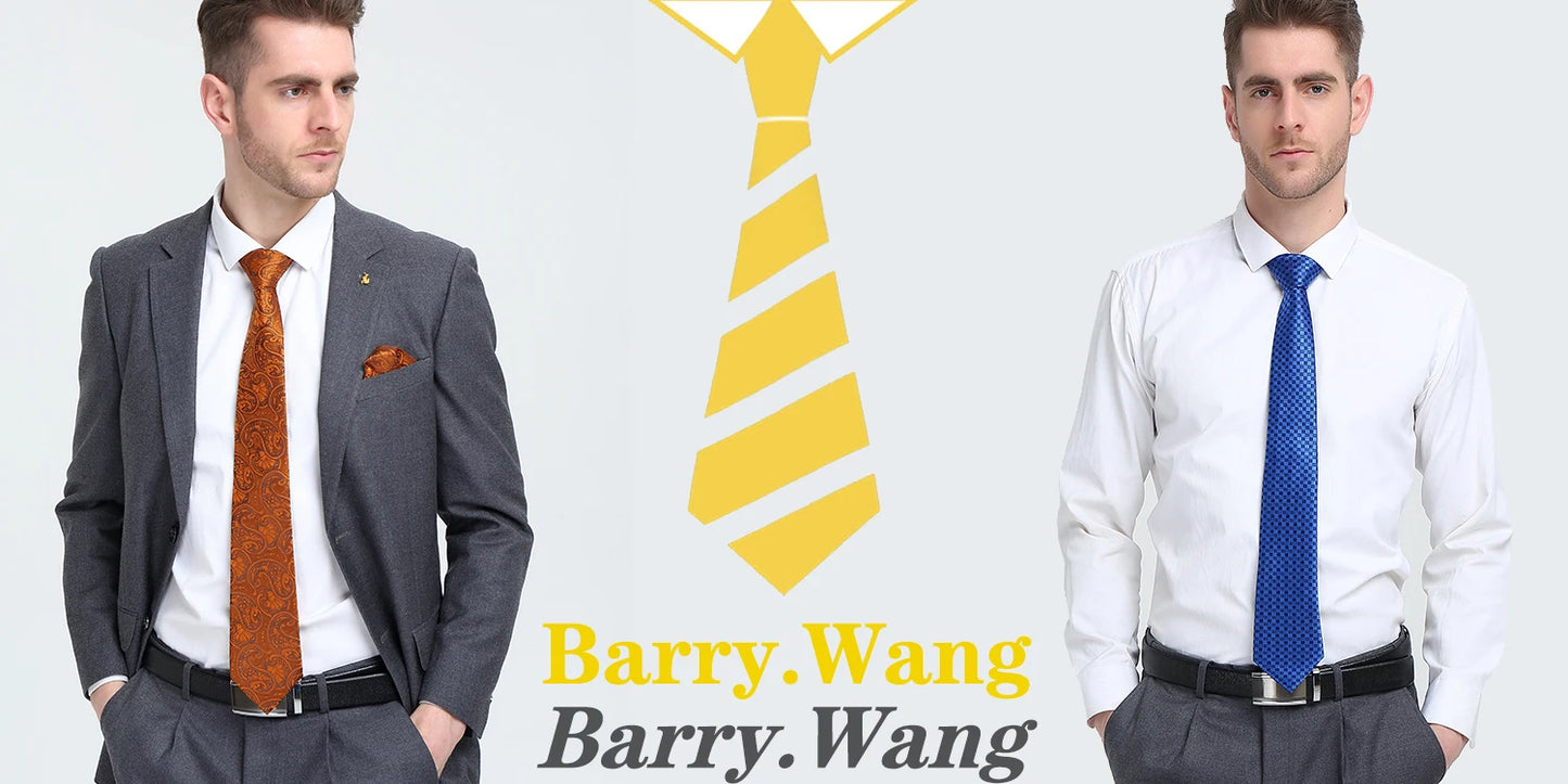 Barry.Wang Orange Brown Silk Mens Tie Hanky Cufflinks Set Gold Coffee Jacquard Designer Necktie For Male Wedding Business Party