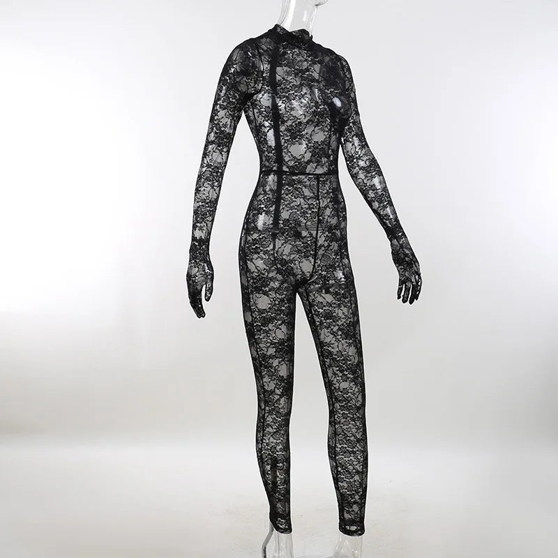 Mesh Sheer Hollow Out Long Sleeve Sexy See Through Skinny Exotic Jumpsuit Bodycon Summer Women Outfit Night Party with Gloves