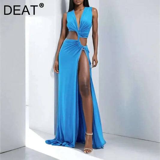 DEAT Spring New Arrival Fashion Hollow Out Sleeveless Dresses For Women Trendy Split V-neck Irregular Dress Female 11A03623