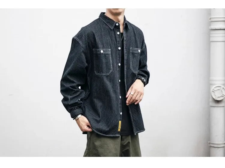 Retro Striped Loose Fit Long Sve Collared Men's Denim irt Spring Faion Workwear Jaet Youthful Wear Resistant Chinese...