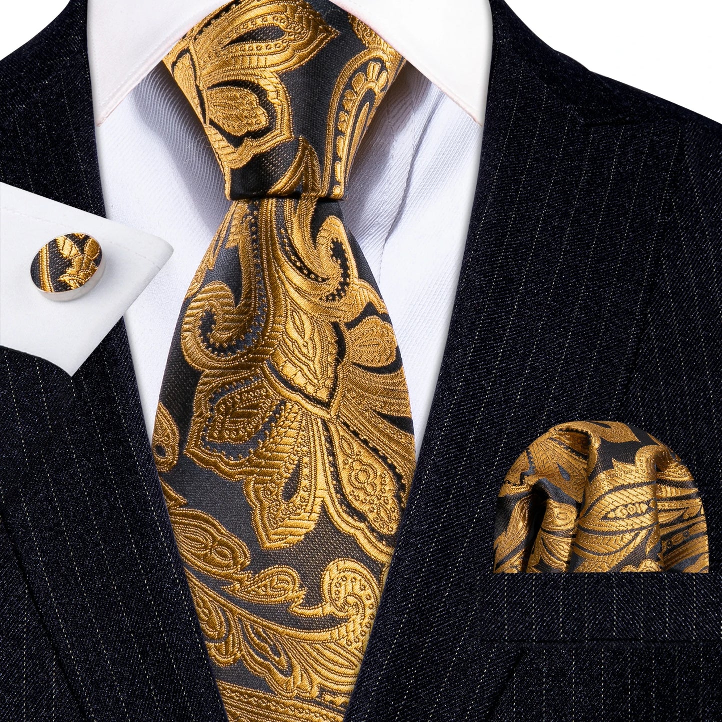 Barry.Wang Orange Brown Silk Mens Tie Hanky Cufflinks Set Gold Coffee Jacquard Designer Necktie For Male Wedding Business Party